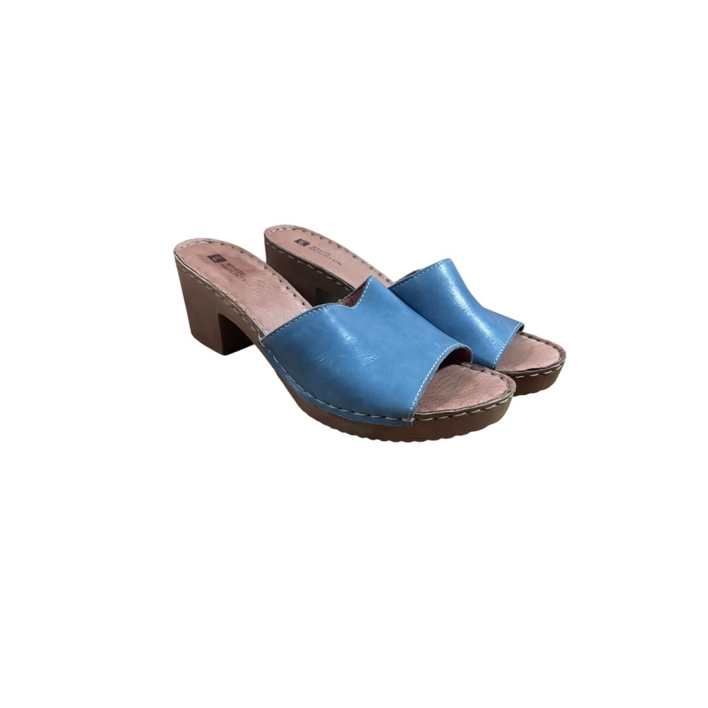 White Mountain Womens Morsel Slide Sandals 9 Blue Leather Block Heel Boho Retro